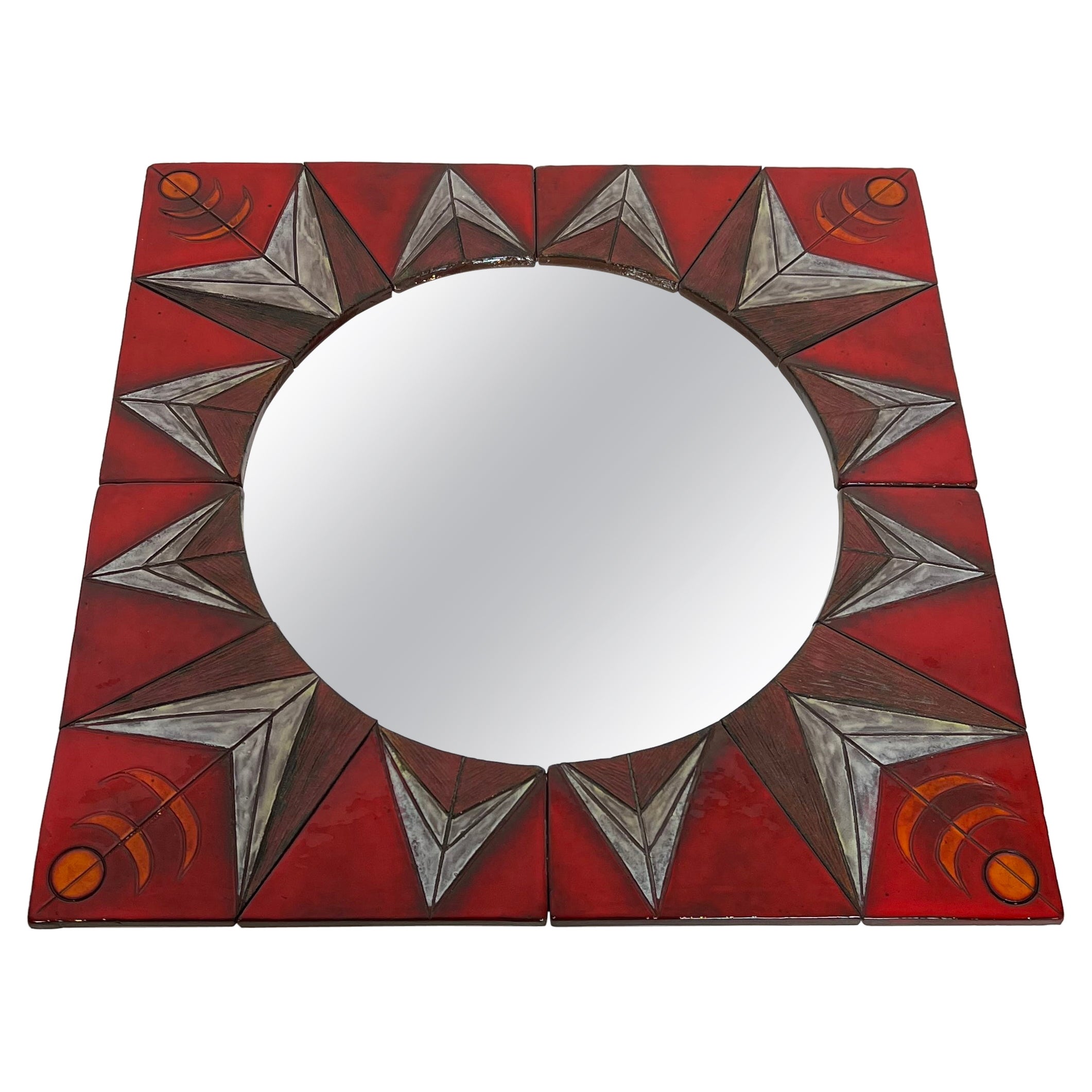Ceramic Mirror Representing a Stylized Sun Attributed to Oswald Tiberghien For Sale