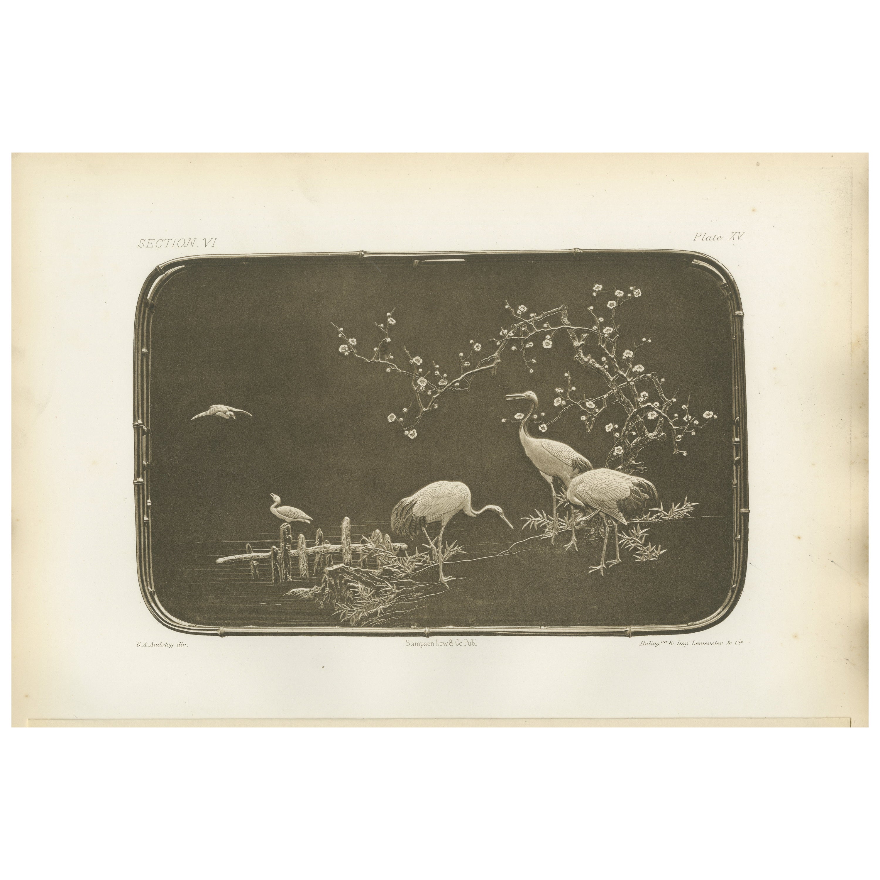 Cranes and Blossoms in a Japanese Ornamental Scene – Heliograph by Audsley 1884