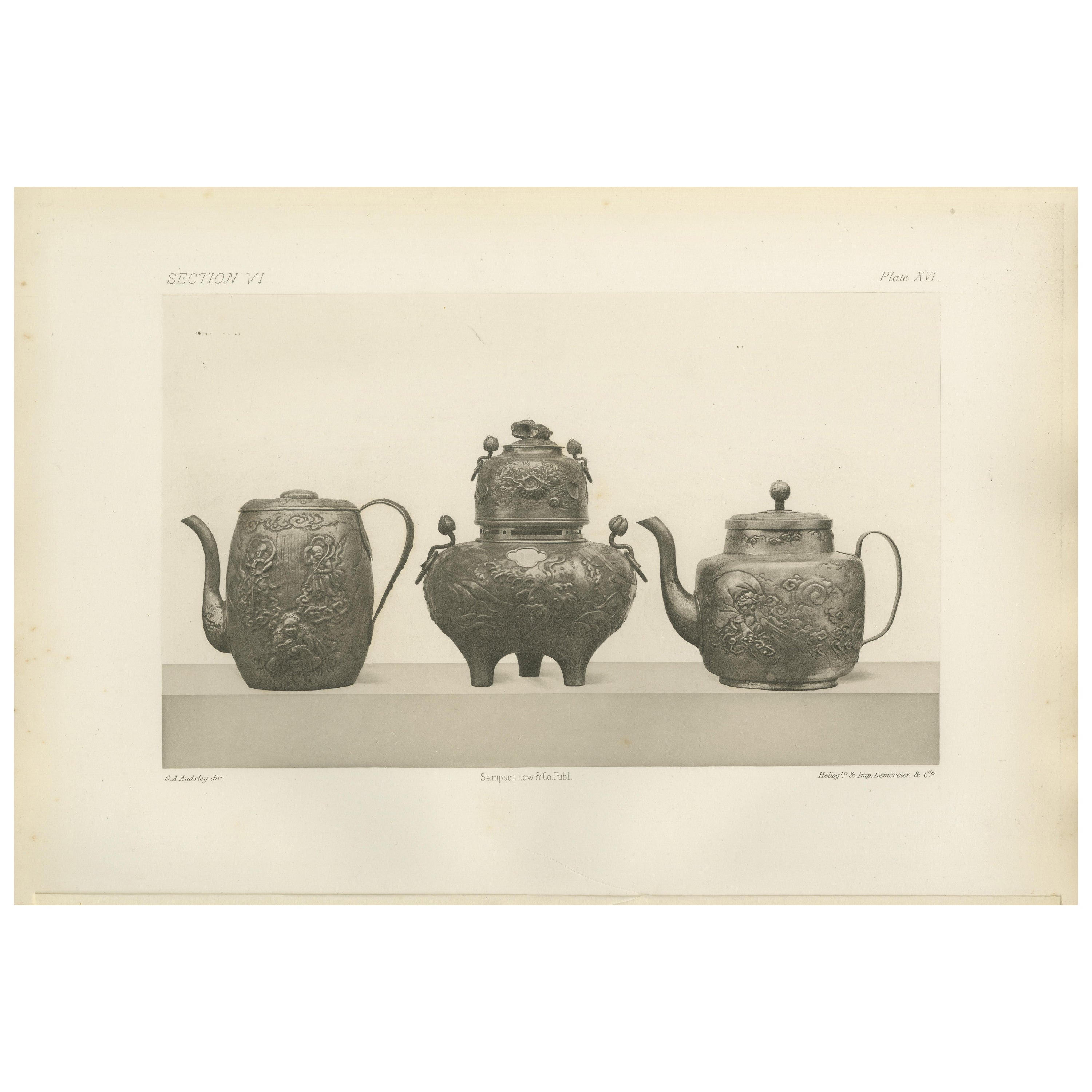 Ornate Asian Teapots and Kettles – Heliographic Artwork by Audsley 1884 For Sale
