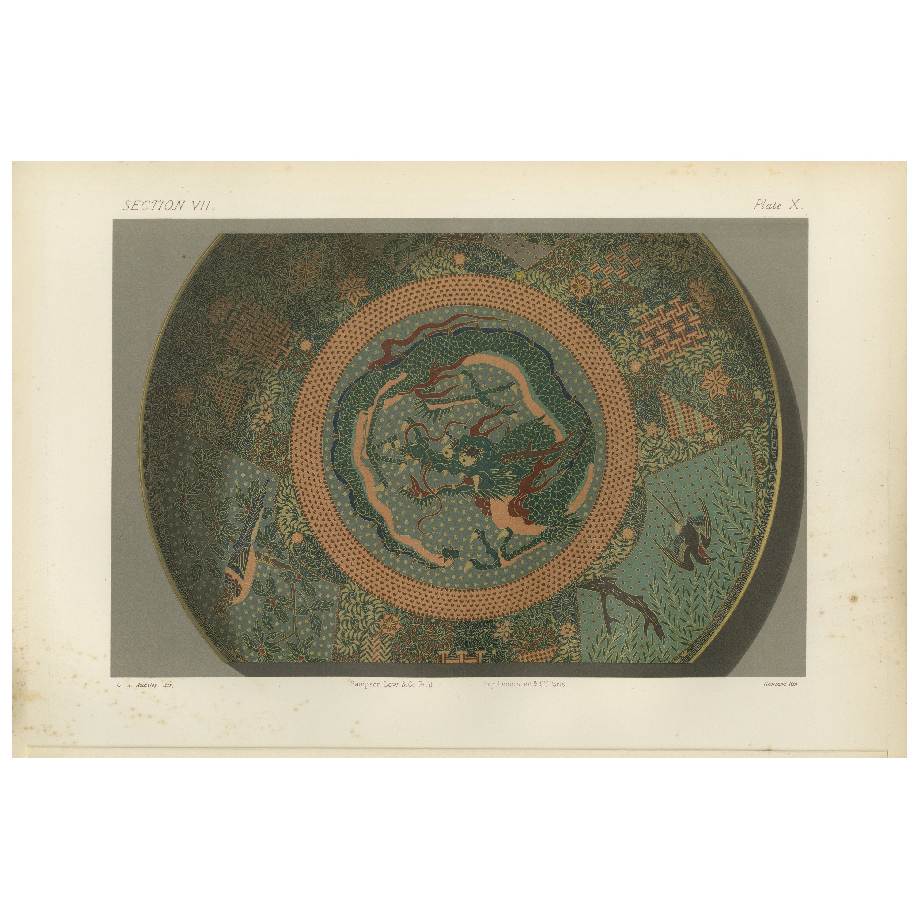 Intrincado diseño con motivo de dragón, arte decorativo japonés de Audsley, 1884