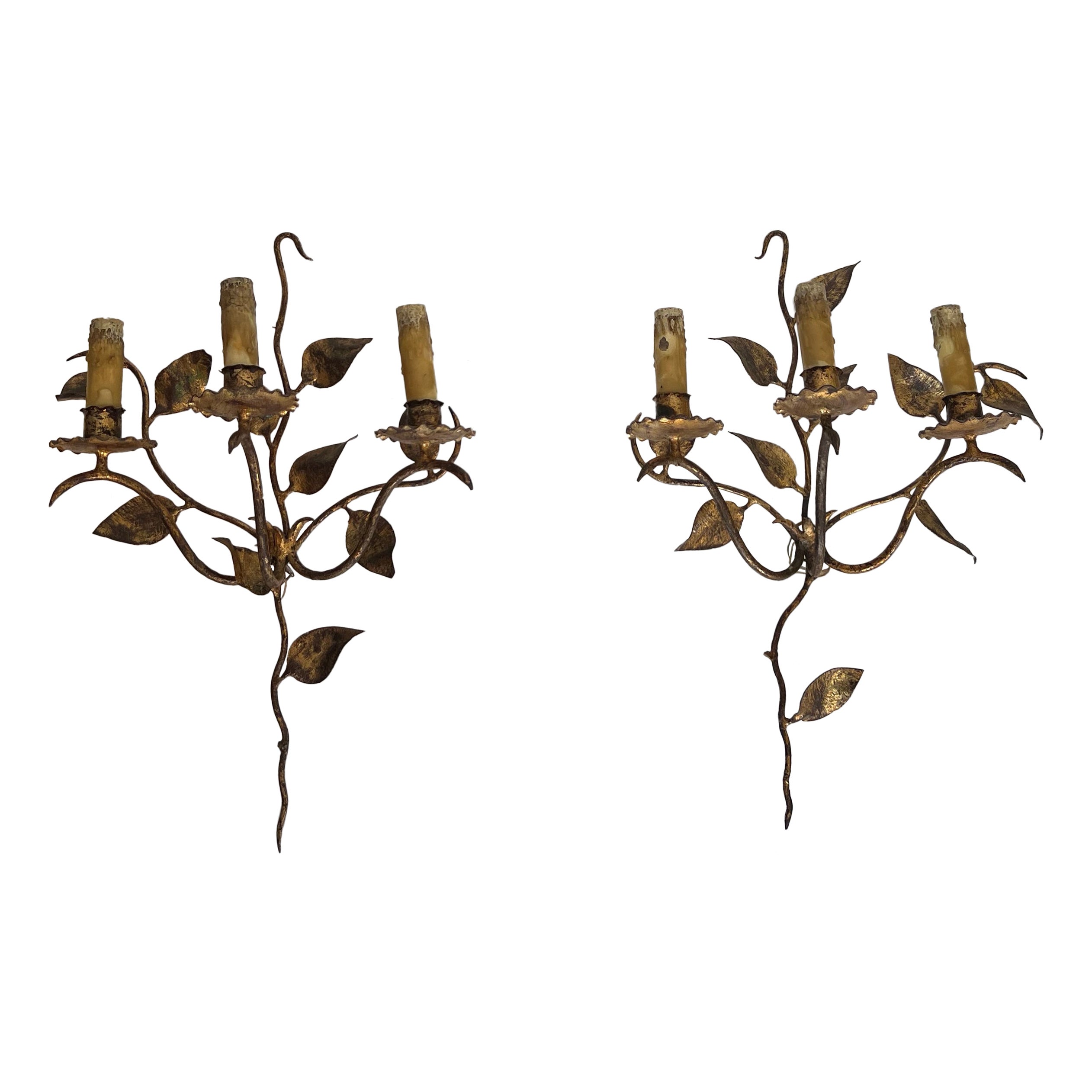 Pair of 3 Lights Gilt Metal Wall Sconces with Leaves. French work. Circa 1970