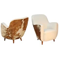 Incredible Pair of Italian Club Chairs in New Hide and Velvet Upholstery
