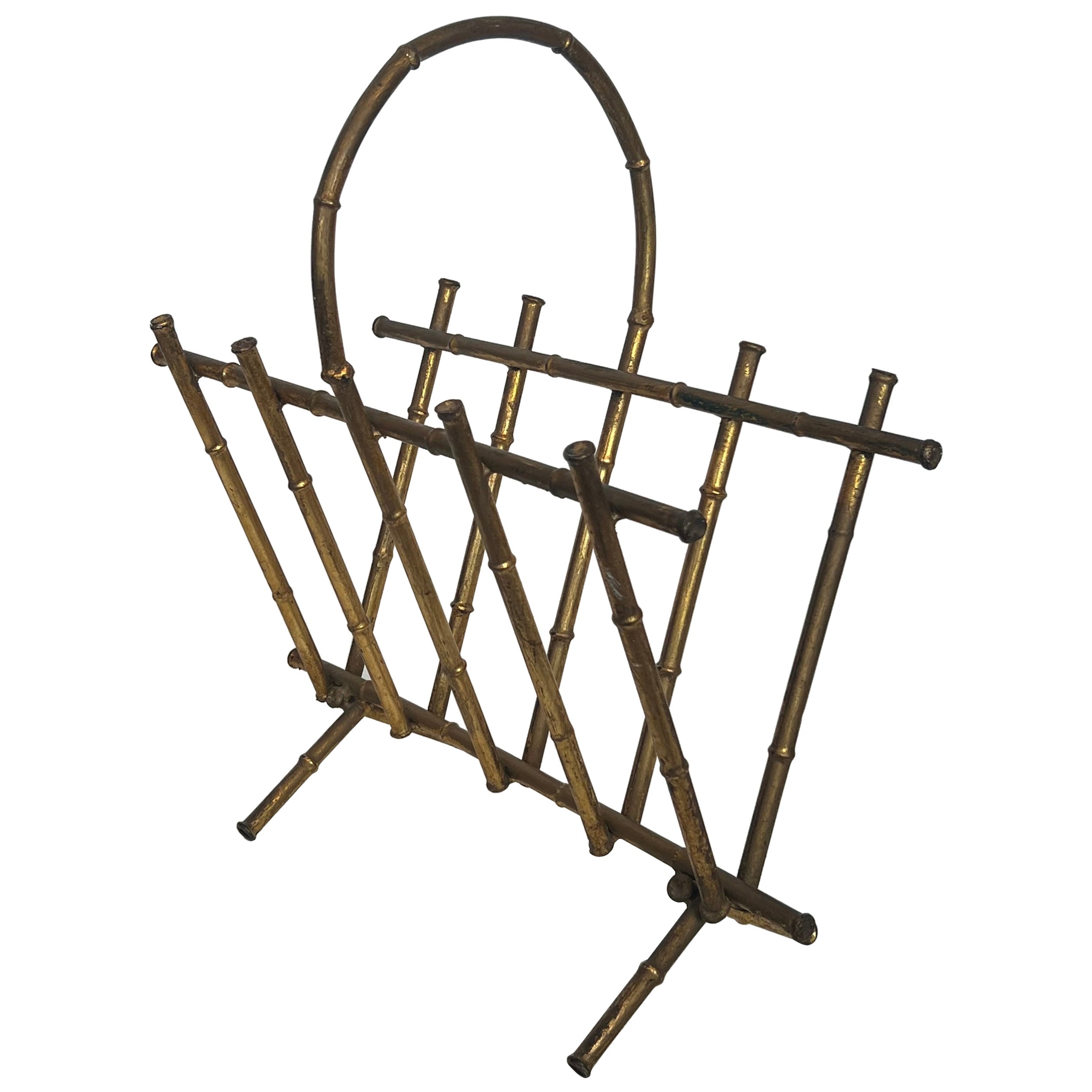 Faux-Bamboo-Style Gilt Metal Magazine Rack Attributed to Maison Baguès