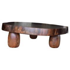 Modern Cookie Slab Coffee Table with Large Turned Legs and Wenge Butterflies
