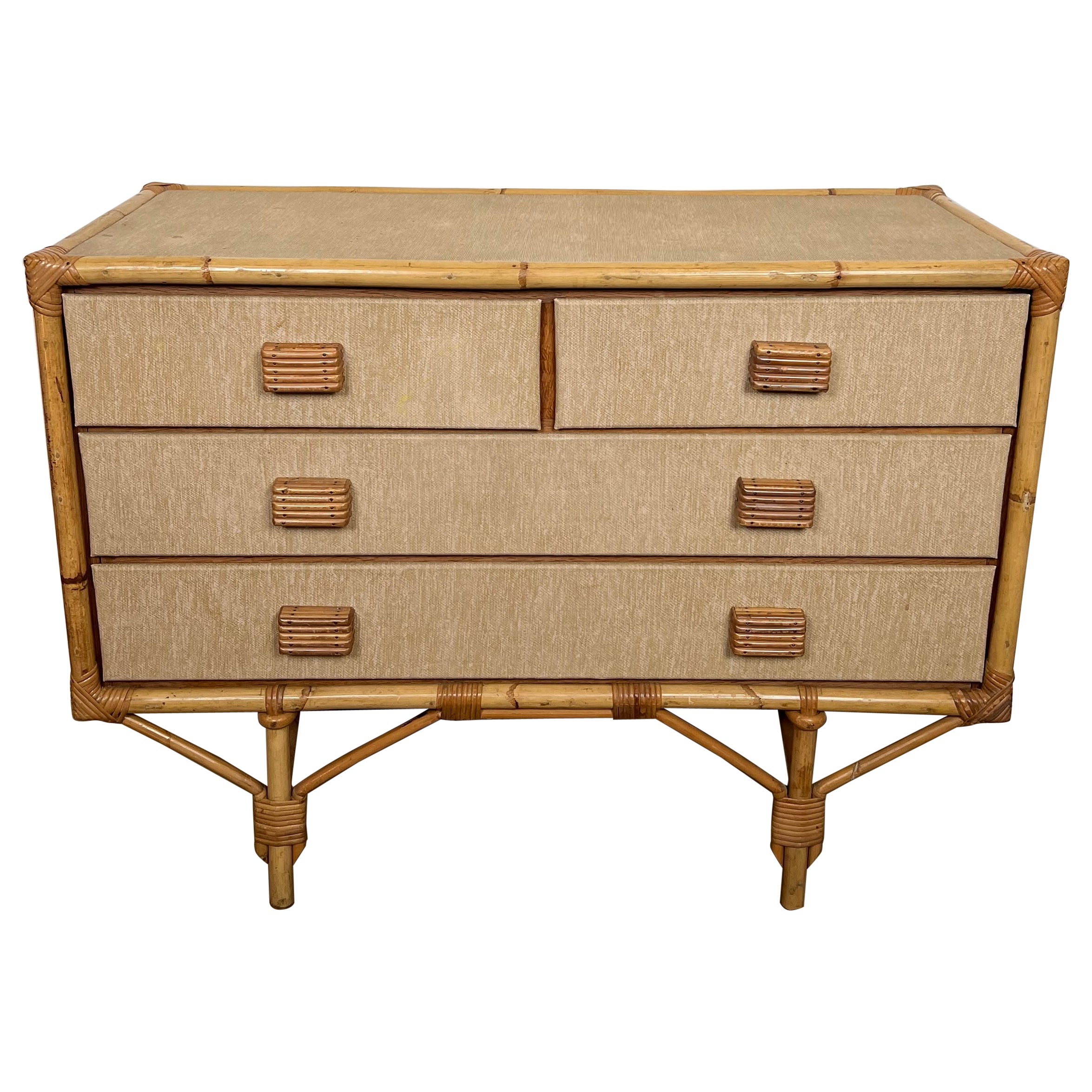 Cassettiera in bambù, rattan, legno e rafia di Audoux Minet