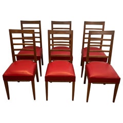 Set di 6 sedie in Oak con 4 sedute in ecopelle. Lavoro francese. Circa 1940