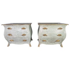 Pair of French Painted & Parcel Gilt Bombe Chests