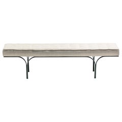 Mid Century Black Enameled Metal Bench with Tufted Gold & Ivory Upholstery