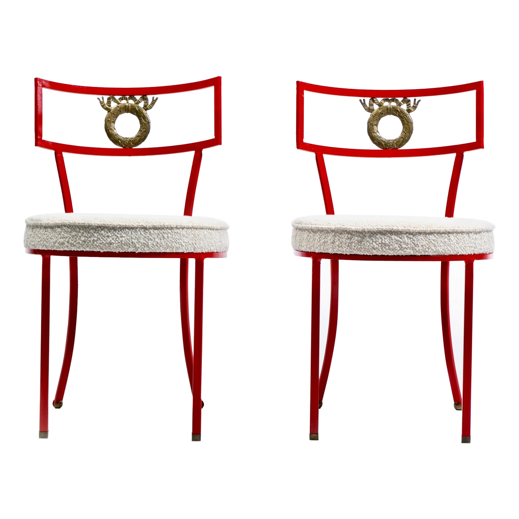 French Red Enameled Iron and Brass Side Chairs with Stylized Wreath Detail 1940s For Sale