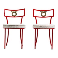 French Red Enameled Iron and Brass Side Chairs with Stylized Wreath Detail 1940s