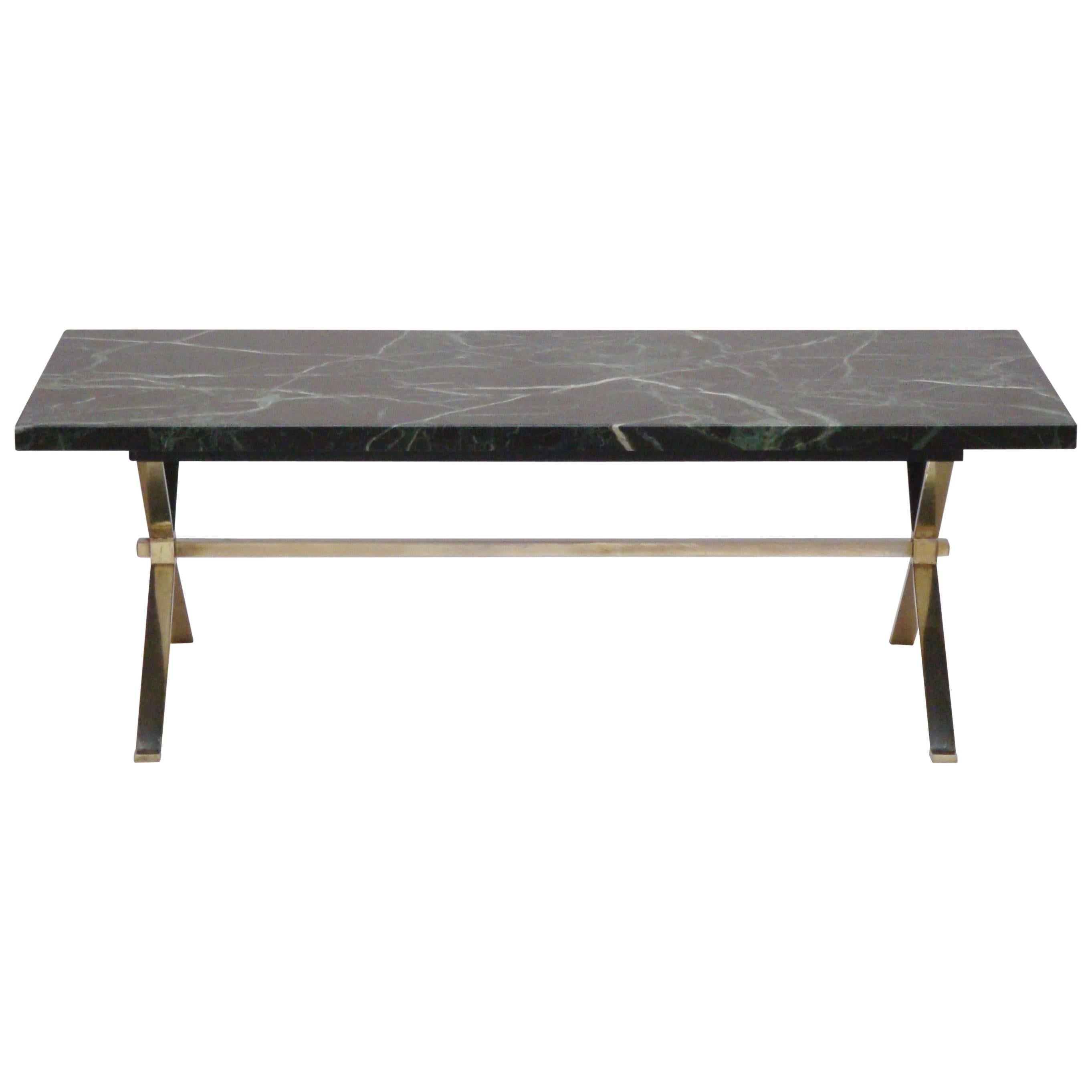 French 1940s Verde Issorie Marble and Brass Coffee Table