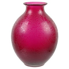Florero de cristal artístico italiano de Murano Flavio Poli Rojo Fucsia Superficie Corroso