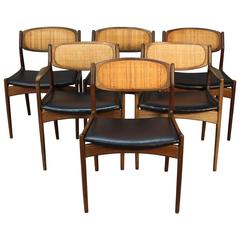 Set of Six Danish Modern Selig Walnut Dining Chairs with Caned Back