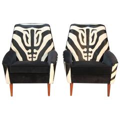 Pair of Newly Upholstered in Zebra Print Cowhide Mid-Century Club Chairs