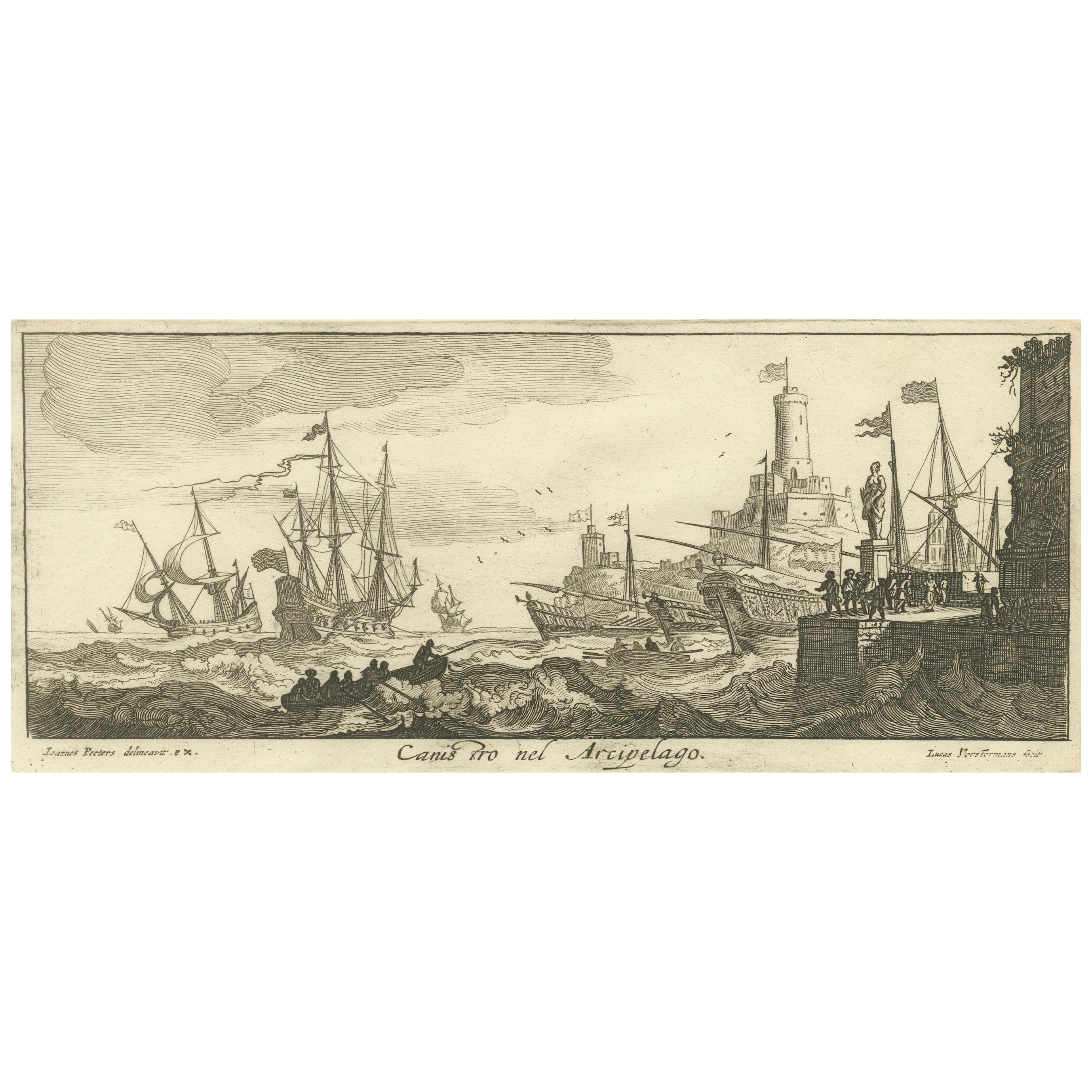 Escena marítima en el archipiélago Egeo con fortificaciones y barcos, hacia 1680