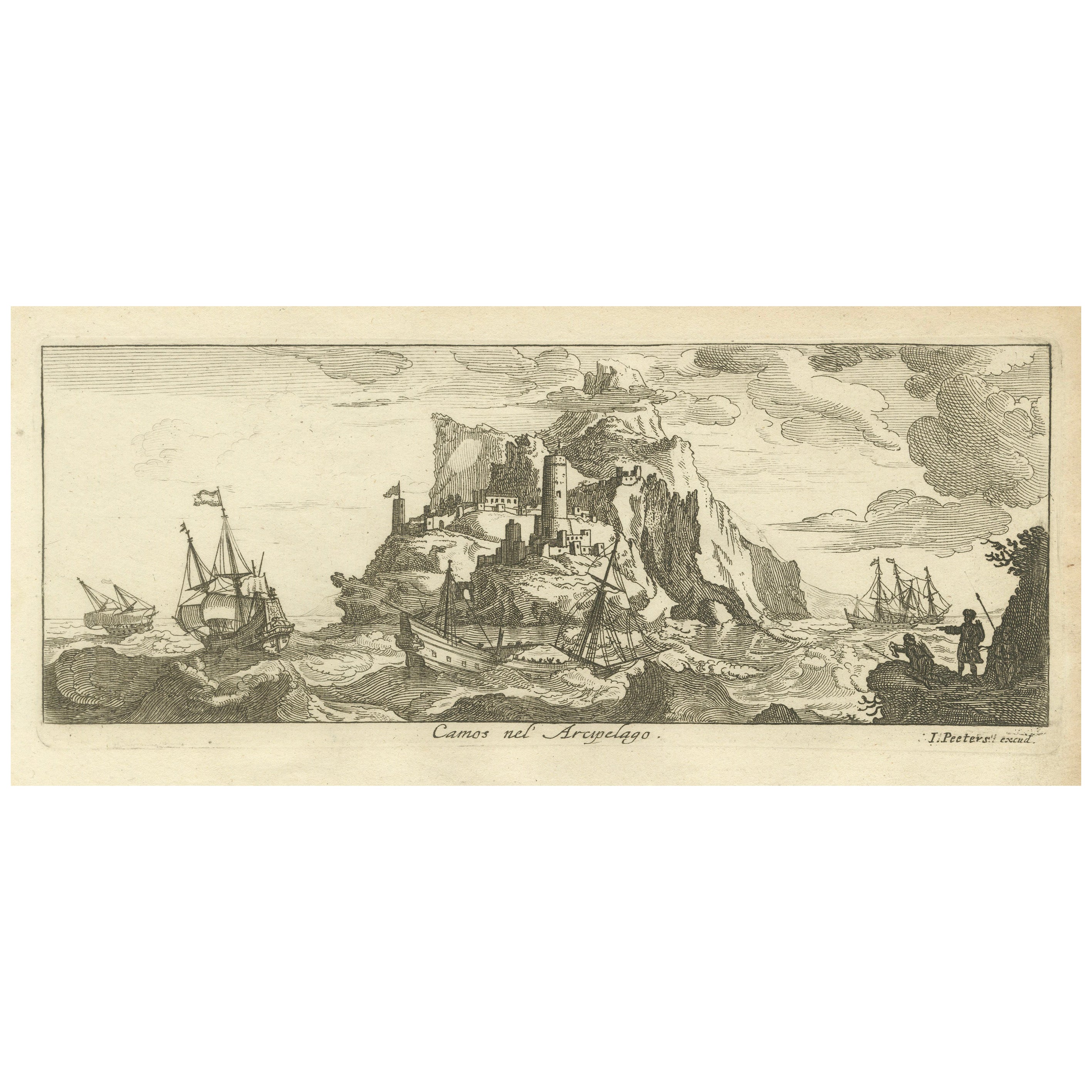 Isla fortificada en el archipiélago Egeo con barcos en el mar, hacia 1680