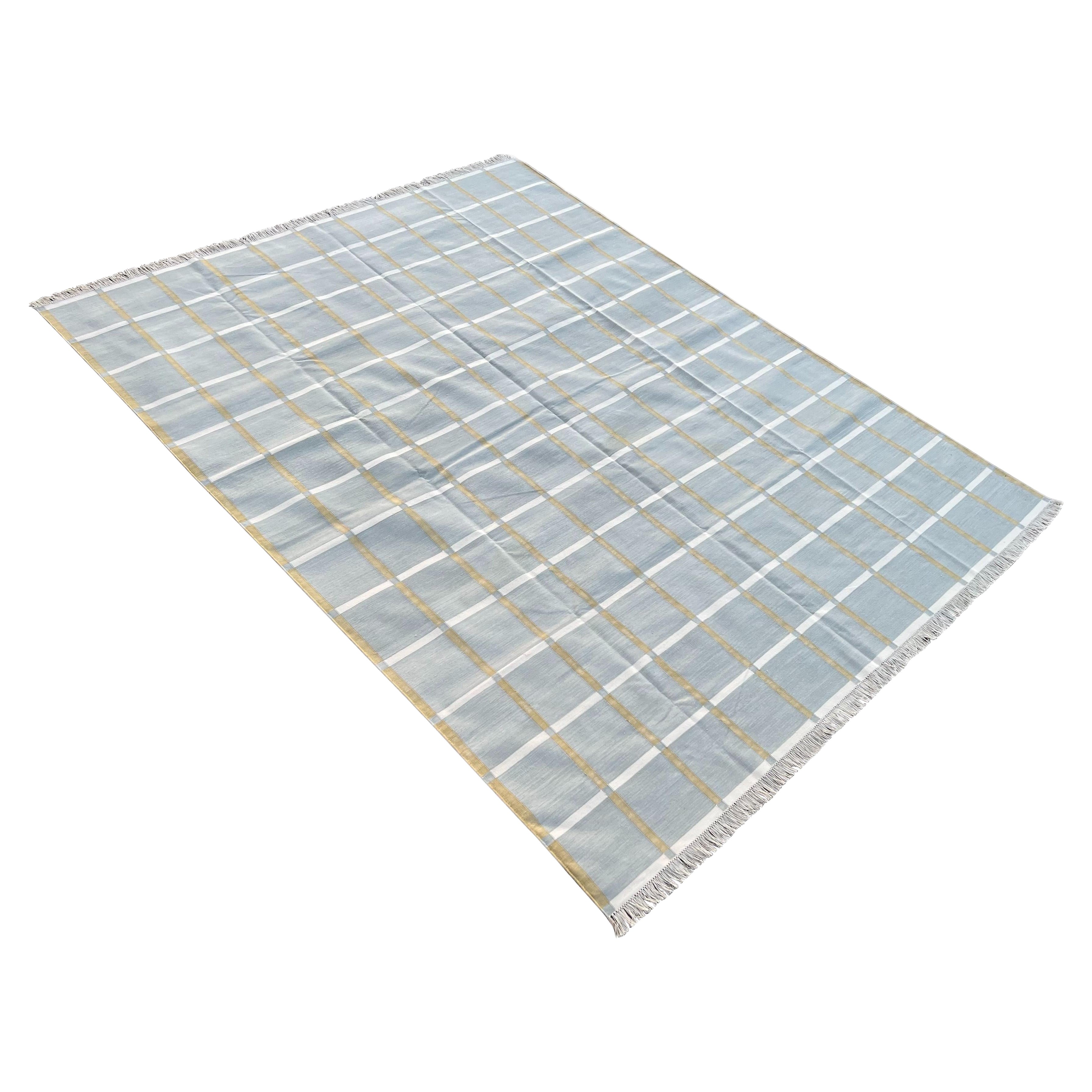 Handmade Cotton Area Flat Weave Rug, 9x12 Grey Windowpane Checked Indian Dhurrie