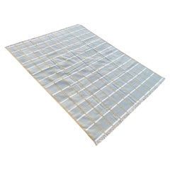 Handgefertigter Flachgewebe-Teppich aus Baumwolle, 9x12 Grauer Fensterpane-Karierter indischer Dhurrie