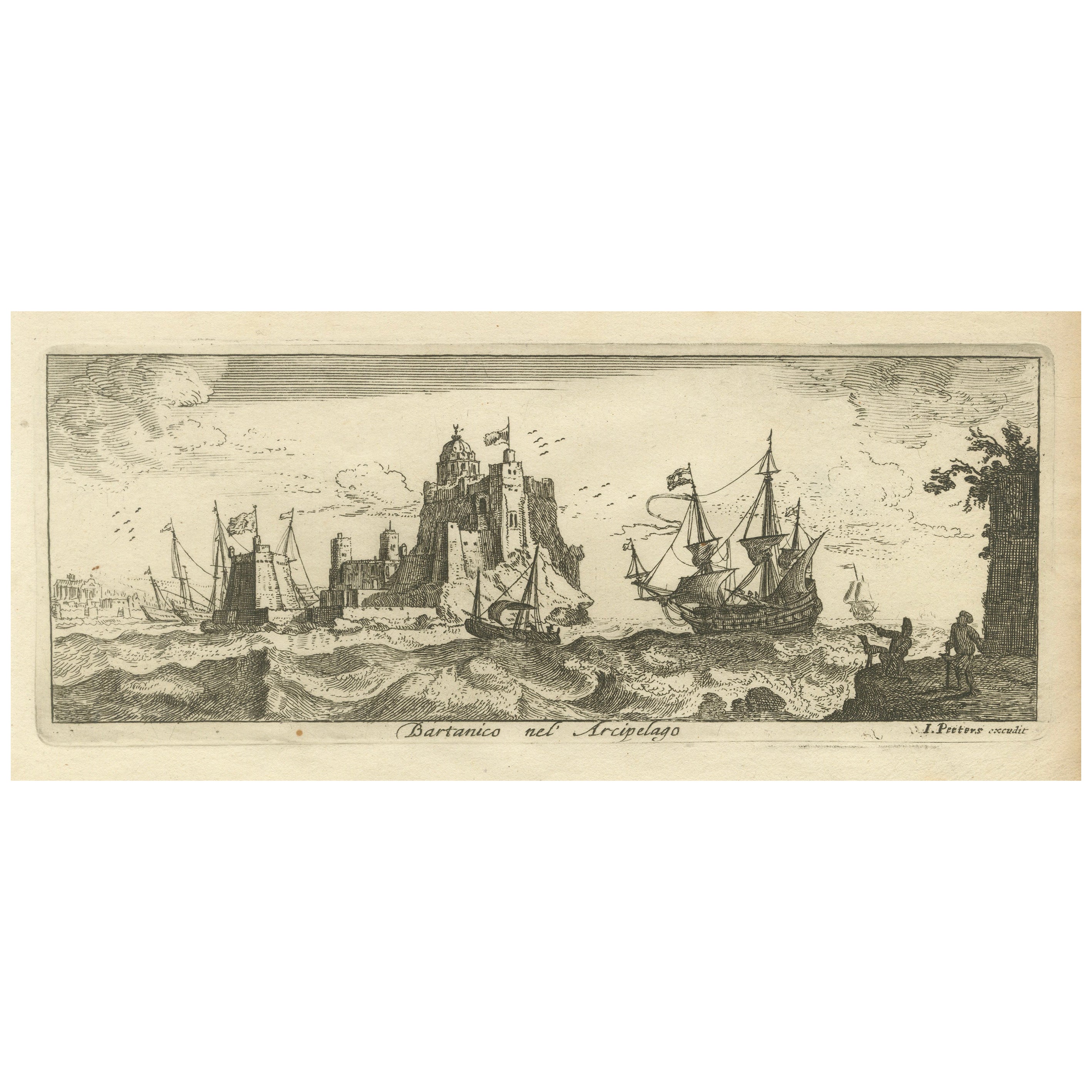 Vista de Bartanico en el archipiélago Egeo con fortificaciones y barcos, 1680