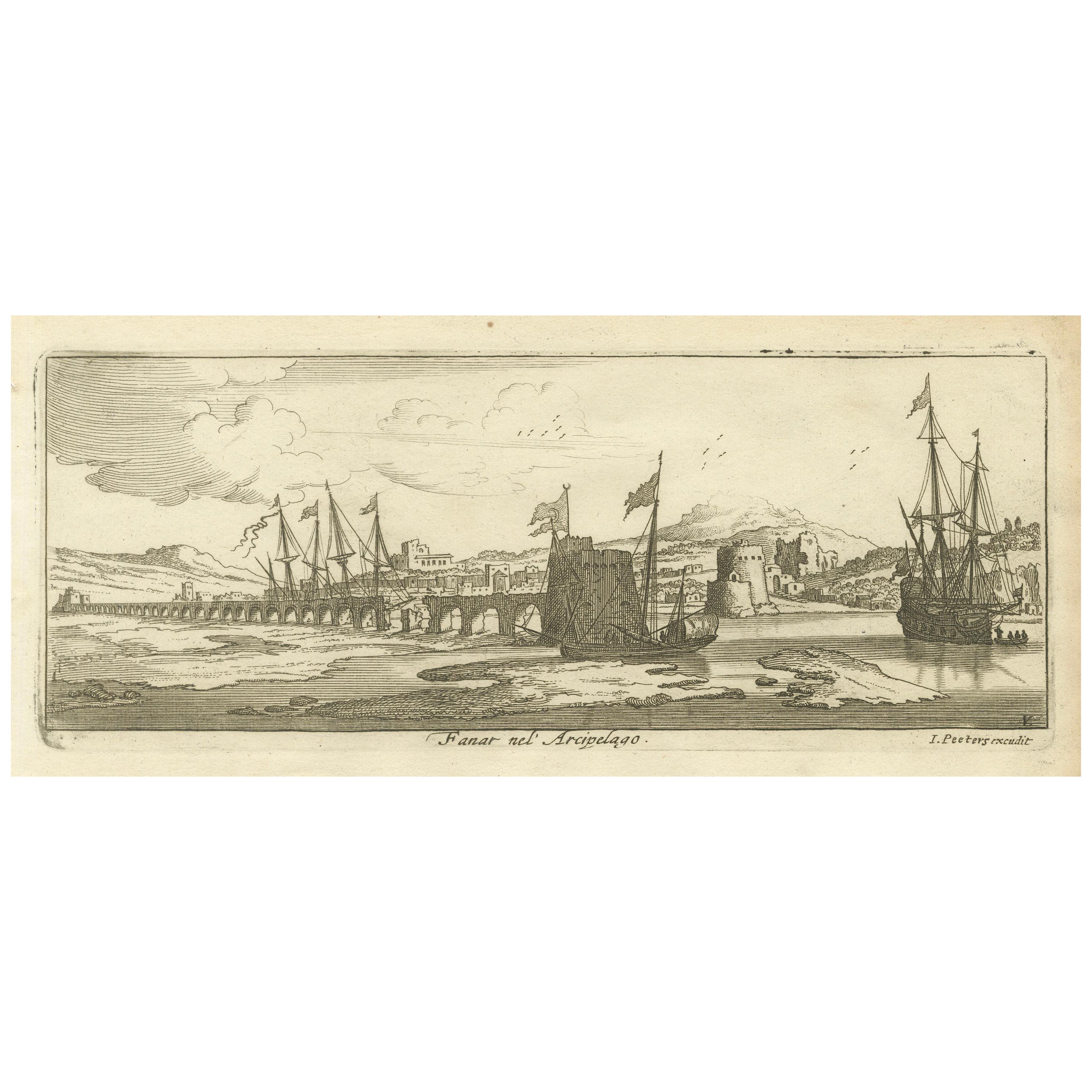 Vista de Fanar en el archipiélago Egeo con puente y barcos, ca. 1680