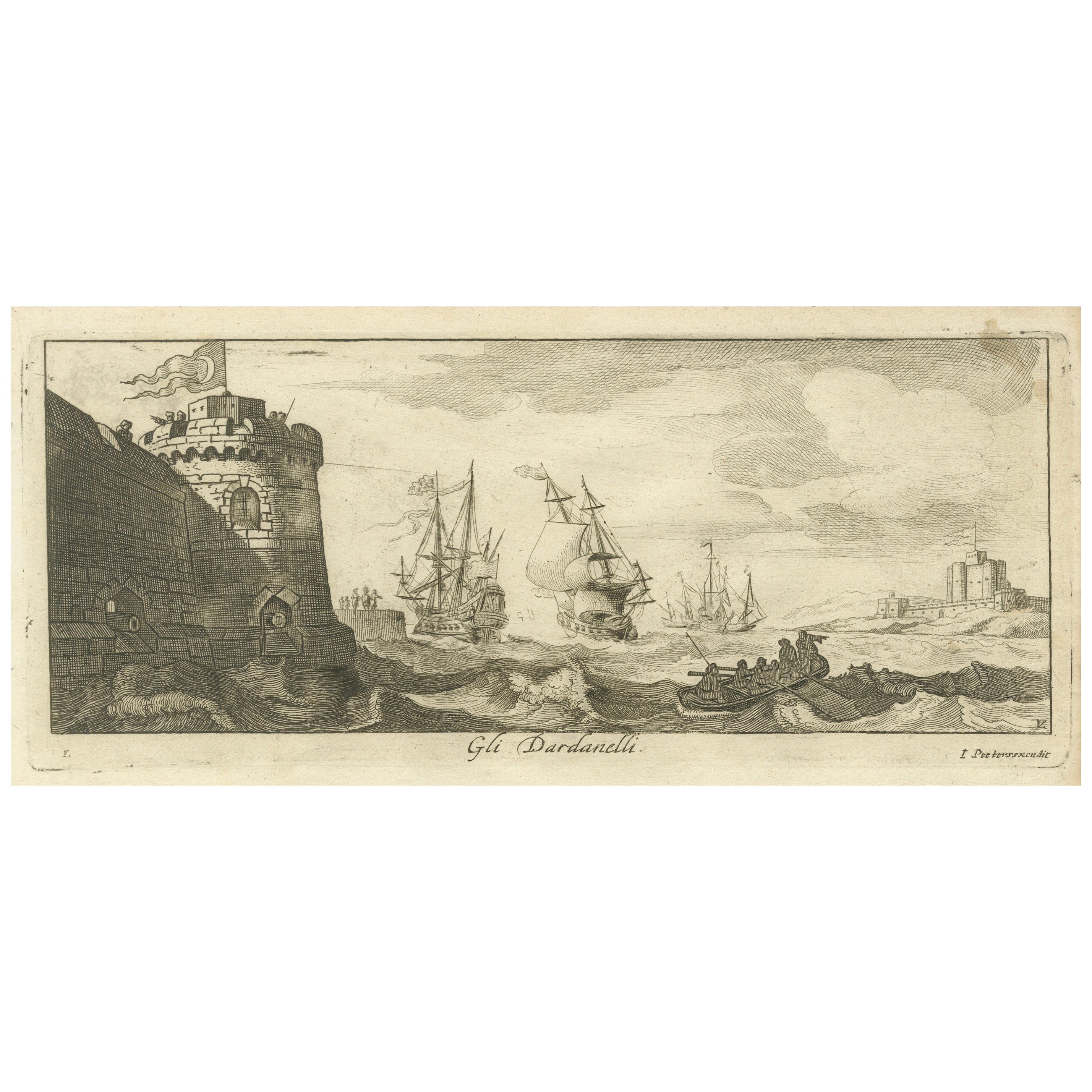 Vista grabada de los Dardanelos con fortificaciones y barcos, ca. 1680