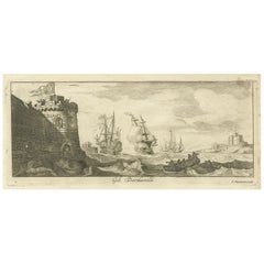 Vista grabada de los Dardanelos con fortificaciones y barcos, ca. 1680