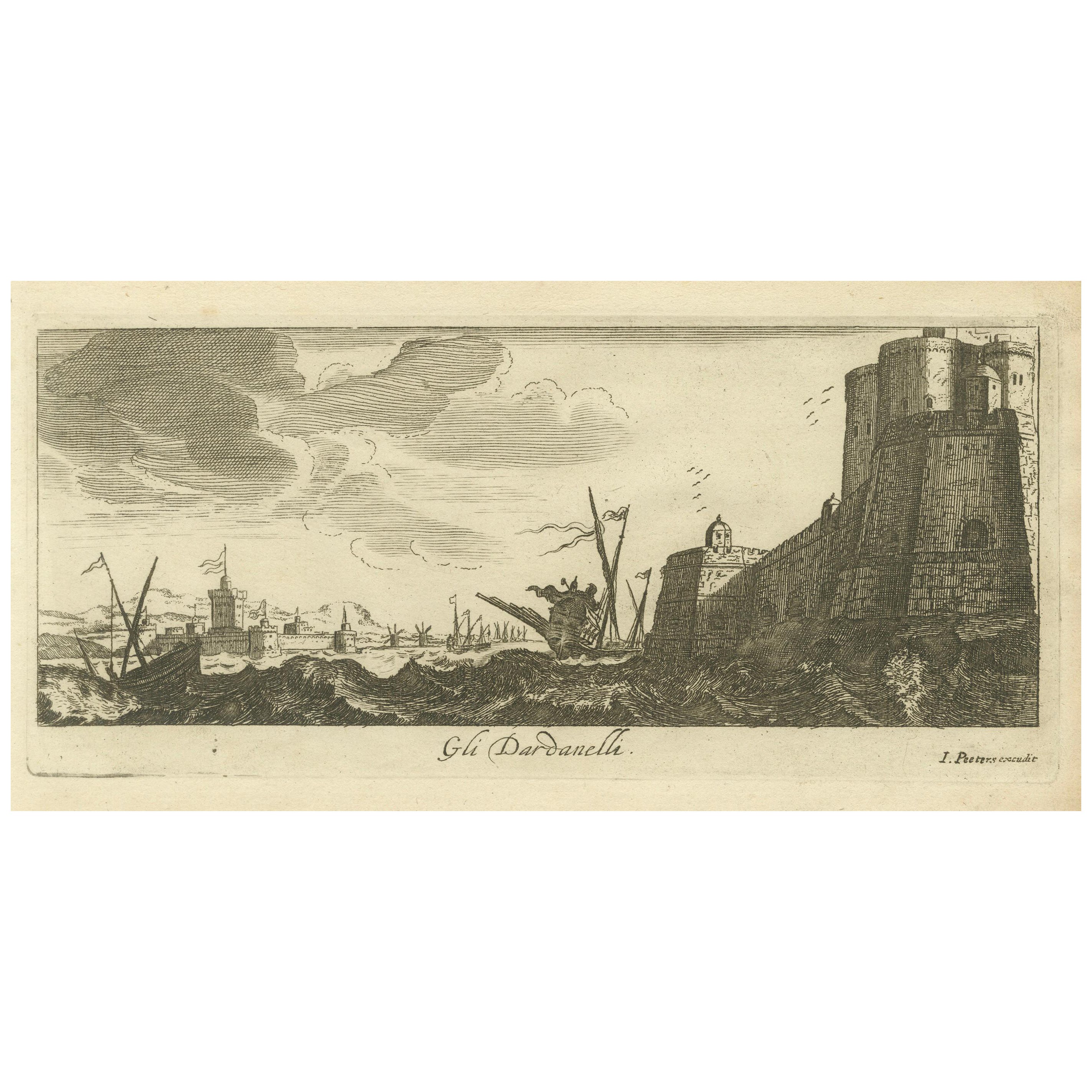 Los Dardanelos con torres fortificadas y actividad marítima, hacia 1680 en venta