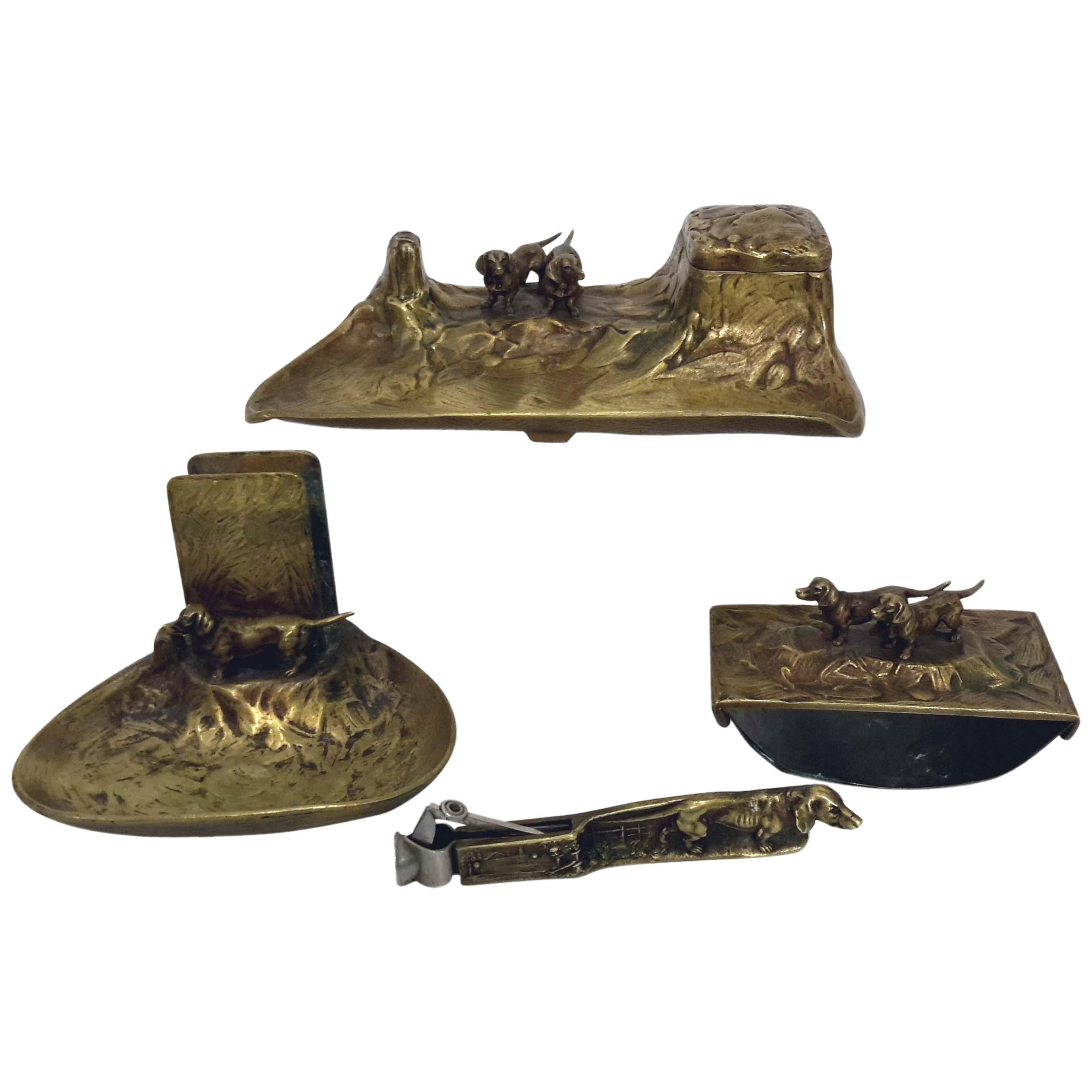 19 Century Austrian Bronze Desk/Smoking Set with Dachshunds, Signed