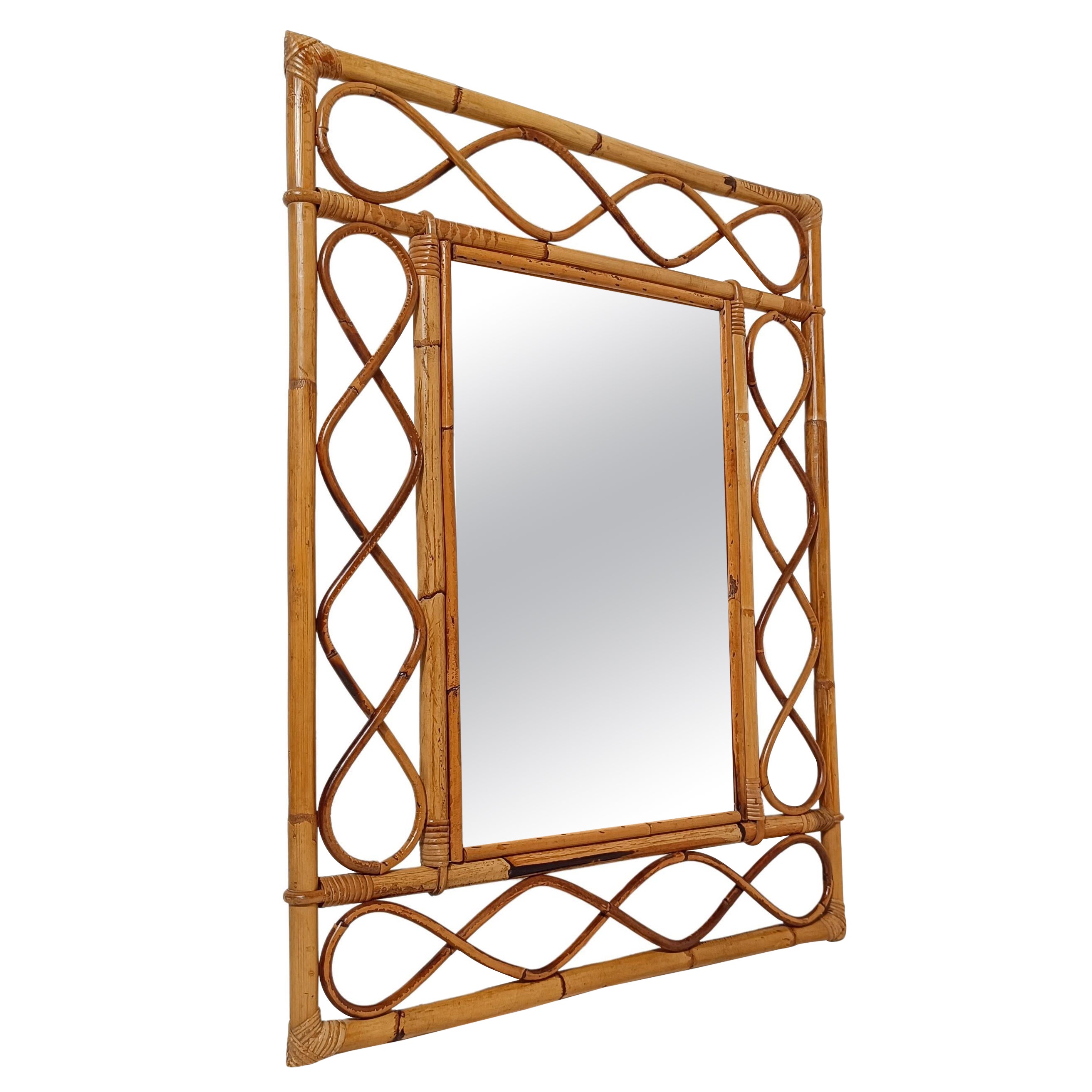Midcentury French Riviera Bamboo and Rattan Rectangular Wall Mirror, Italy 1960s