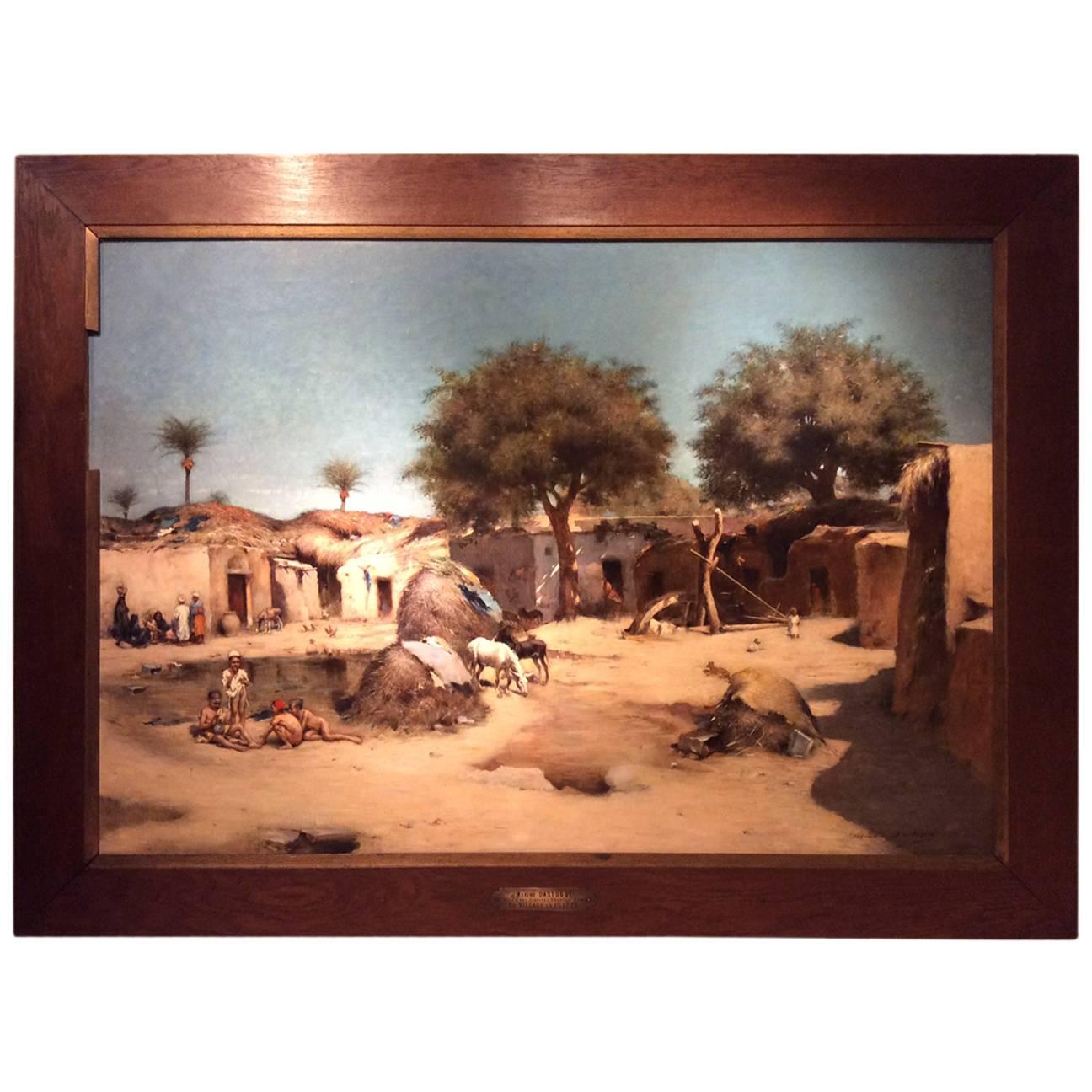 Village in Egypt, Large Painting Signed Maxime Dastugue (1851-1909)