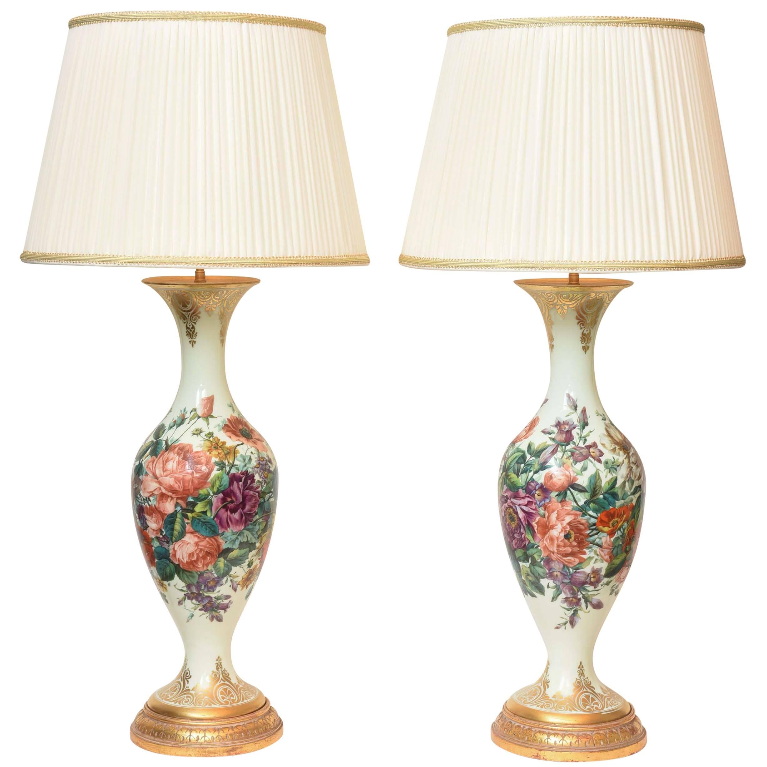 Massive Pair of 19th Century French Opaline Glass Lamps For Sale
