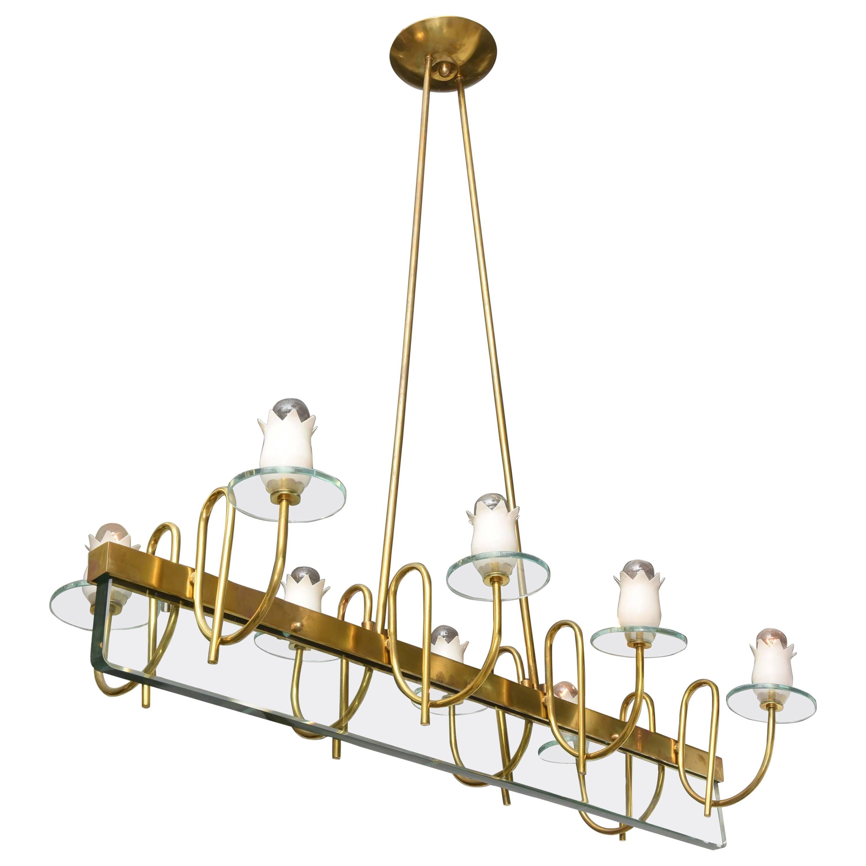 Brass and Glass Floral Chandelier in the Style of Fontana Arte