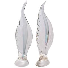 Pair of Monumental Luigi Mellara Signed Glass Feather Sculptures