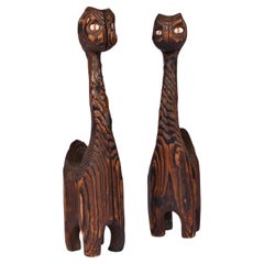 Pair of Witco Tiki Carved Cedar Wood Meathead Cat Sculpture Figures