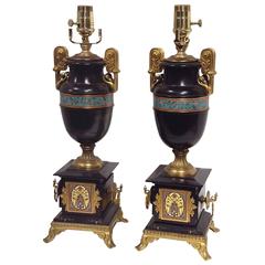 Antique Pair of Champlevé and Marble Urn Lamps Attributed to Barbedienne 19th Century