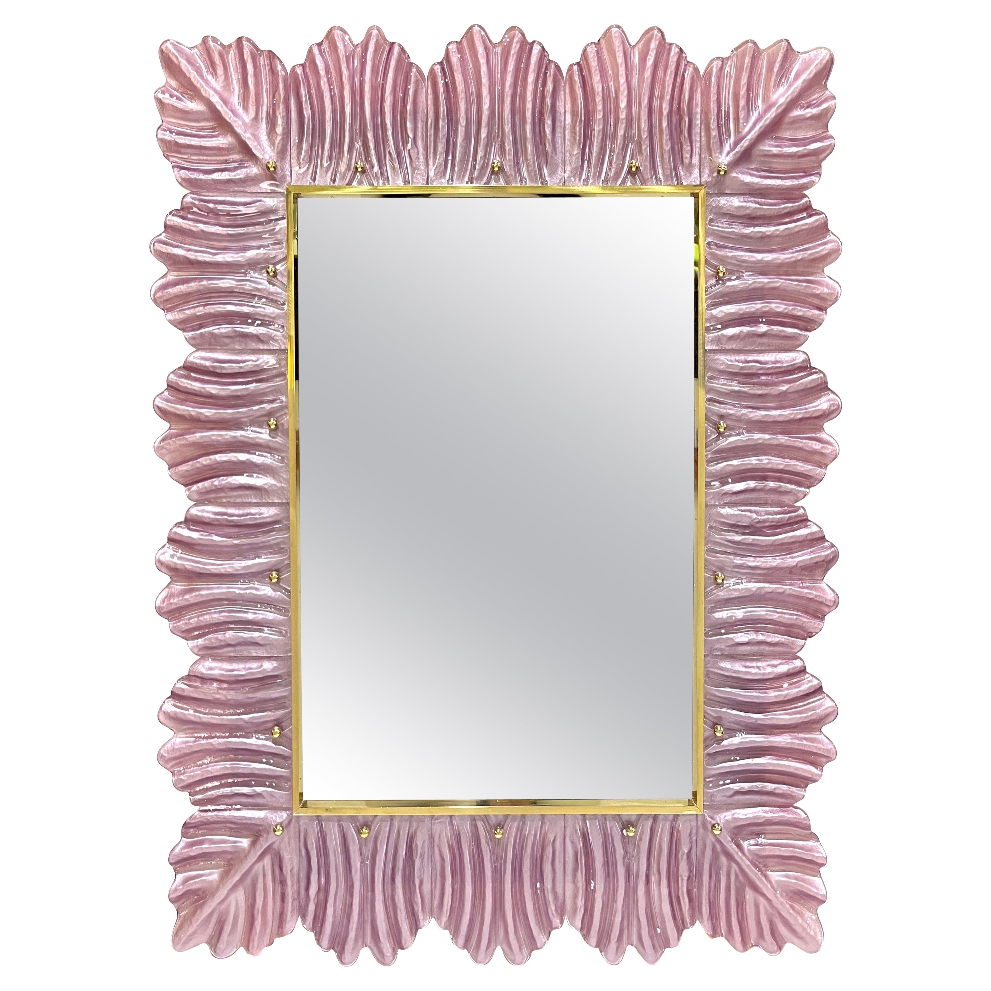 Italian Modern Leaf Design Pearl Pink Crystal Murano Glass Large Brass Mirror
