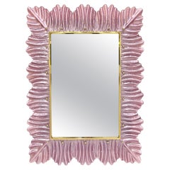 Italian Modern Leaf Design Pearl Pink Crystal Murano Glass Large Brass Mirror