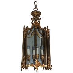 Wonderful French Doré Bronze Gold Gilt Beveled Glass Lantern Fixture Chandelier