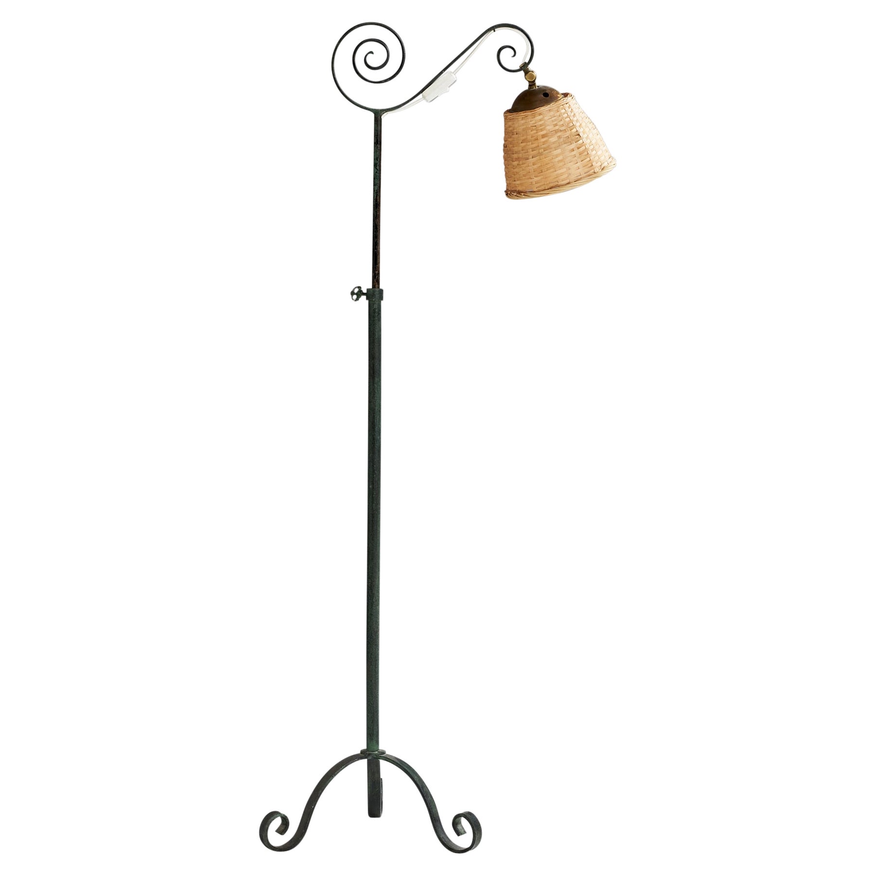 Swedish Designer, Floor Lamp, Brass, Iron, Rattan, Sweden, 1940s
