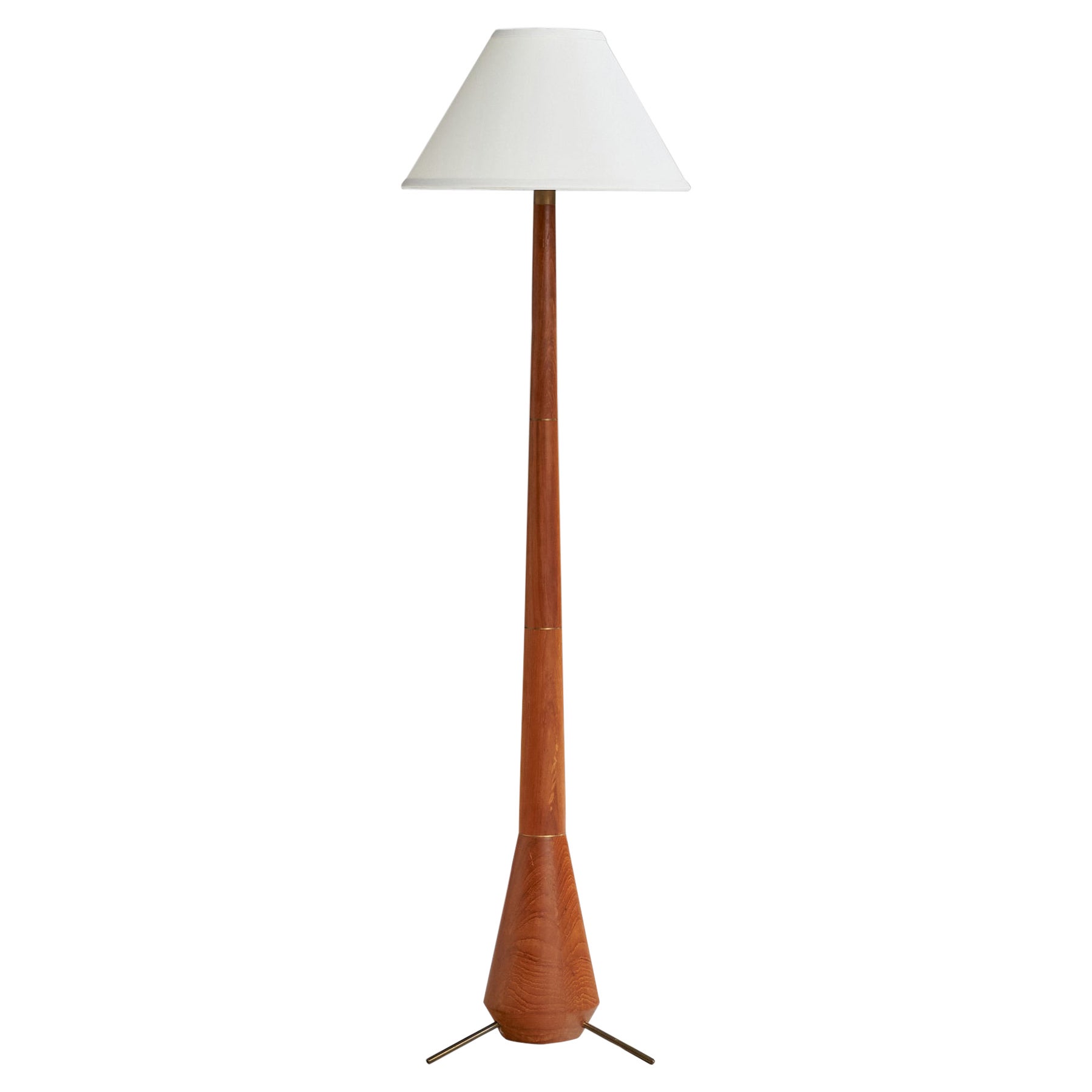 Danish Designer, Floor Lamp, Teak, Brass, Fabric, Denmark, 1950s