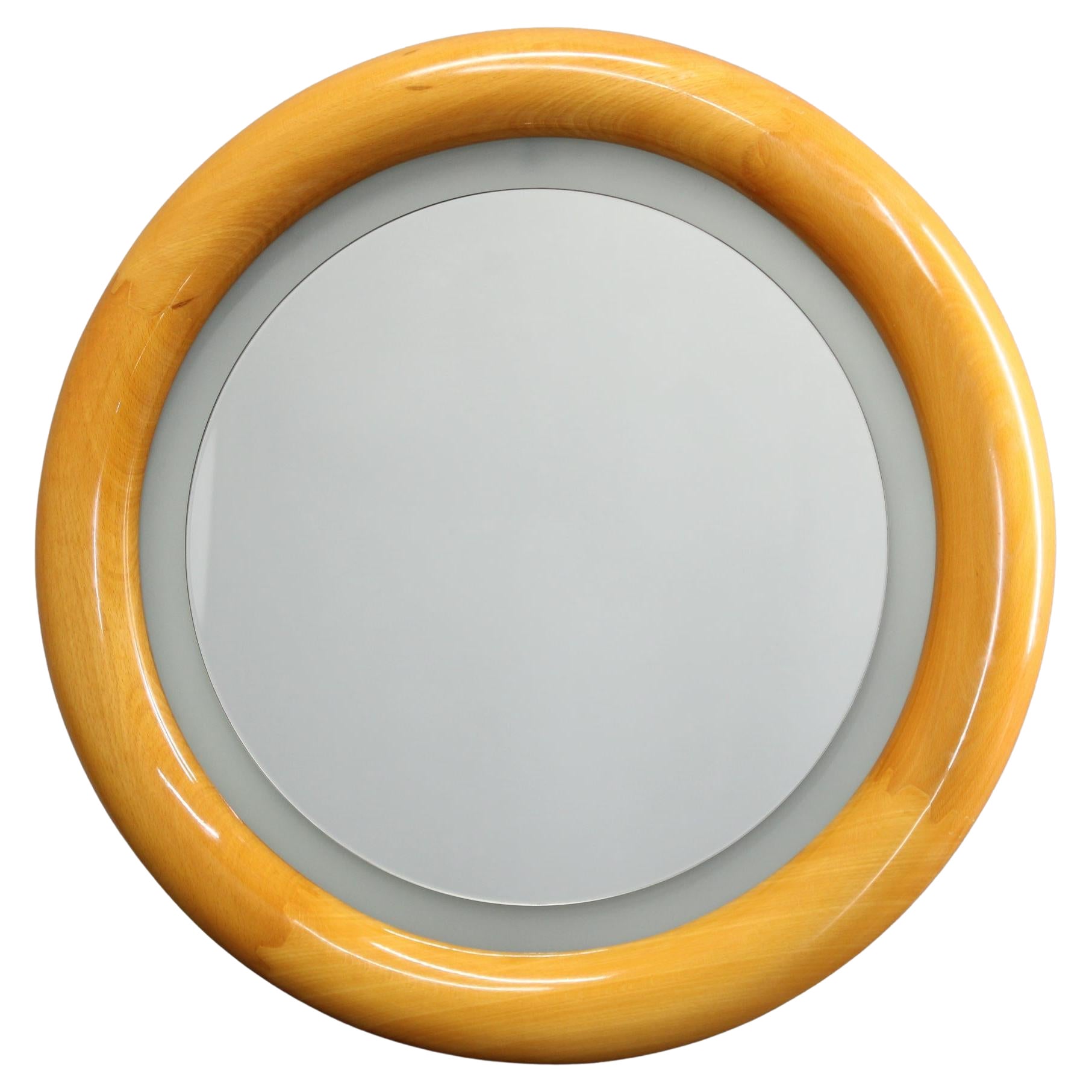 1970s Italian Round Mirror in Wooden Frame with Light
