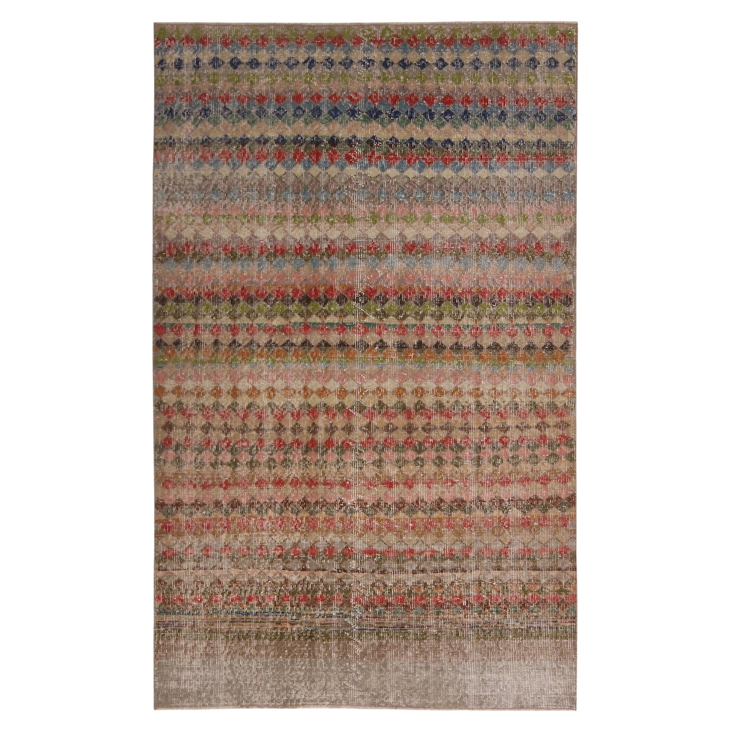 Vintage Midcentury Brown, Green Geometric Wool Multi-Color Accent by Rug & Kilim