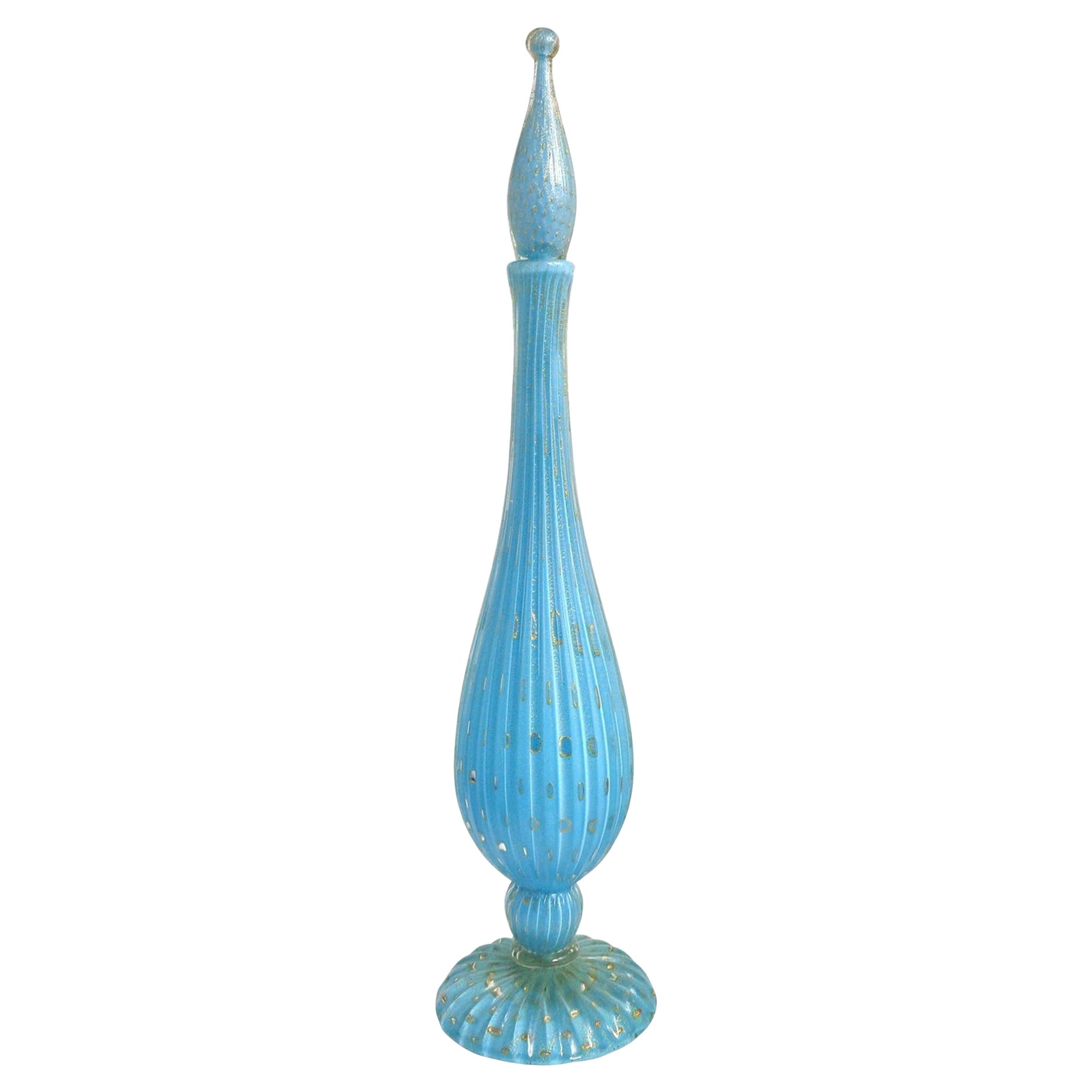 Barbini Murano Azul Oro Moteado Burbujas Vidrio Artístico Italiano Años 50 Decantador Cohete