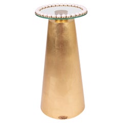 Handcrafted Gold Leaf Pedestal Table with Pearl-Studded Brass Rim