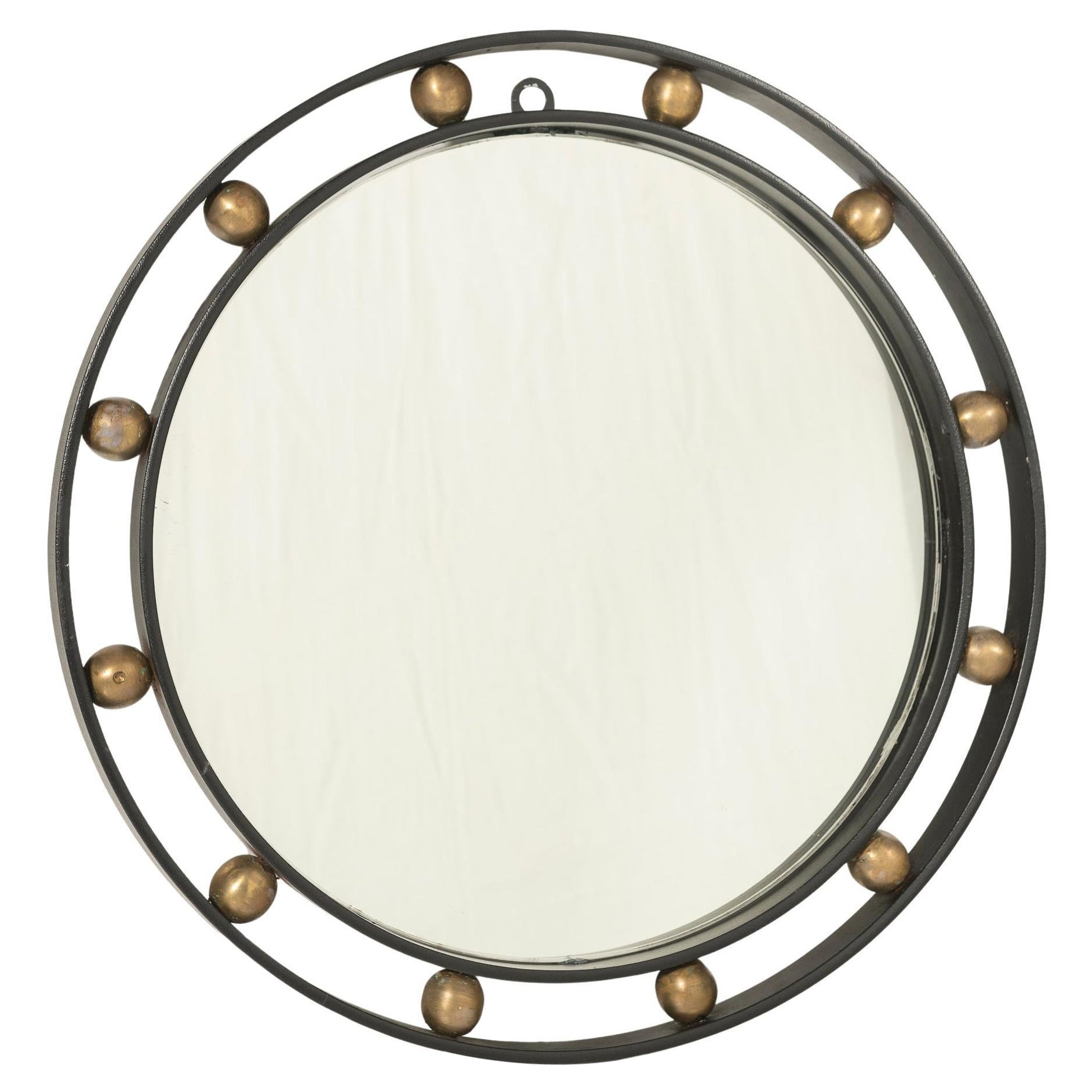 Mid Century Modern Black Iron and Gilt Sphere Round Mirror, France