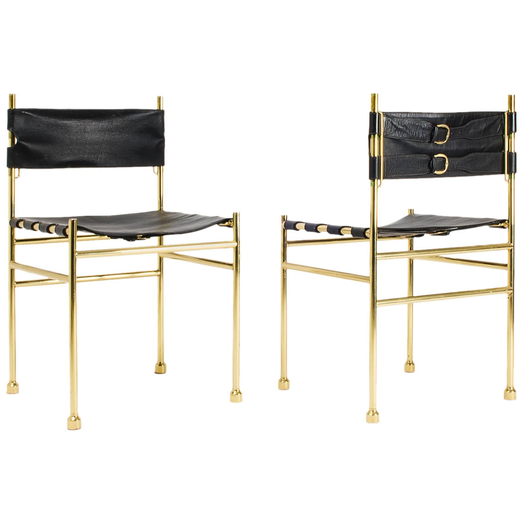"Brown" Pair of Brass and Leather Chairs by Aldo Frigerio