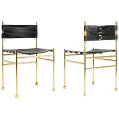 "Brown" Pair of Brass and Leather Chairs by Aldo Frigerio