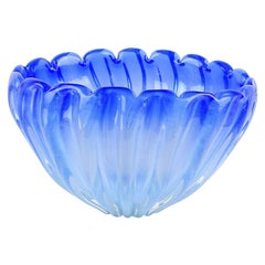 Murano Opalescent Cobalt Blue Italian Art Glass Ribbed Centerpiece Bowl Vase