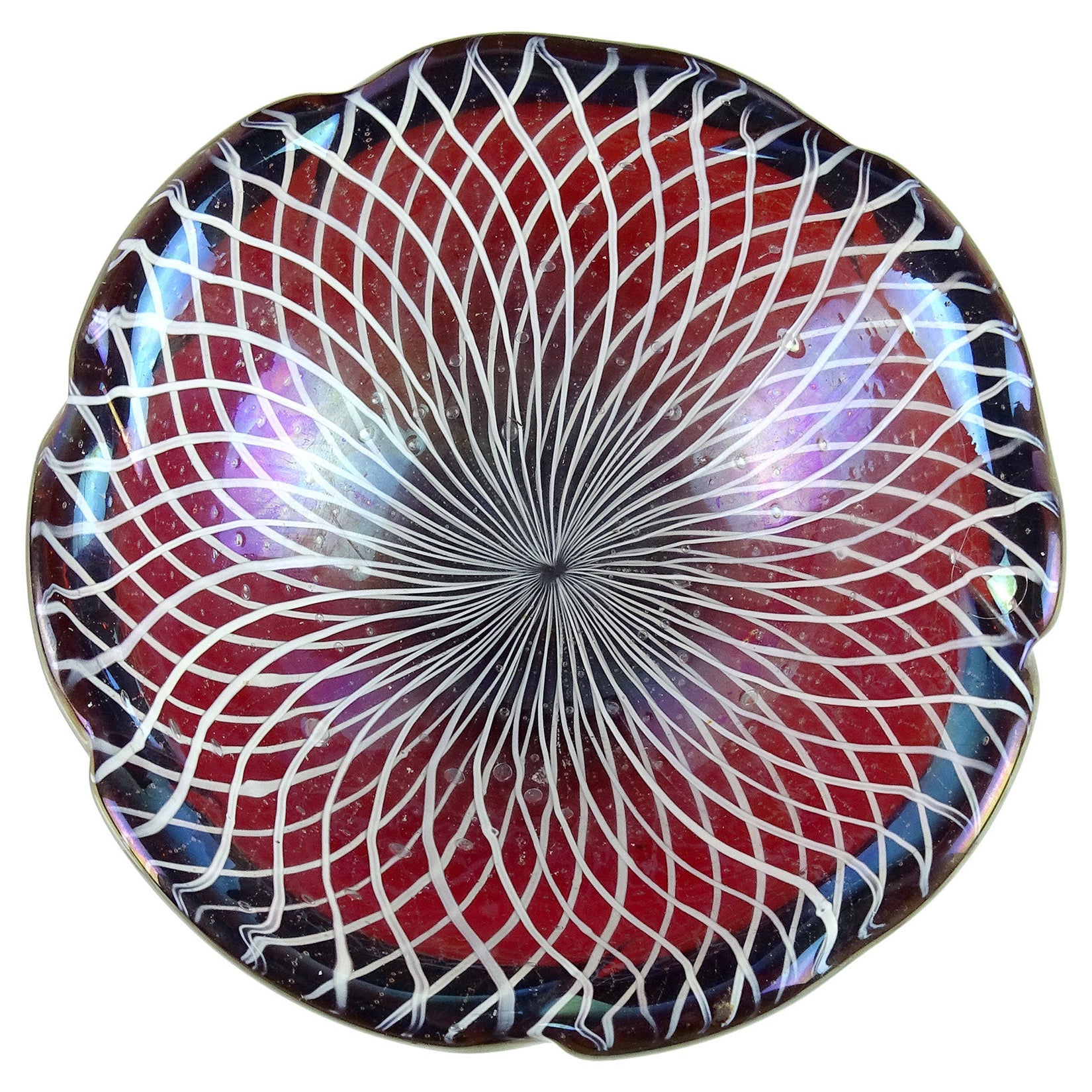 Cuenco decorativo de cristal artístico italiano de Murano Rojo Naranja Iridiscente Cintas Roticello en venta