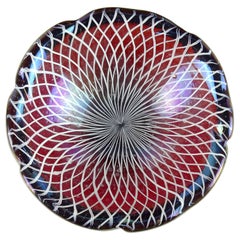 Cuenco decorativo de cristal artístico italiano de Murano Rojo Naranja Iridiscente Cintas Roticello